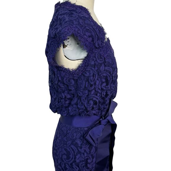 Tadashi Shoji Cap Sleeve Lined Ribbon Tie Sash Lace Long Gown Blue Womens Size 6 - Picture 8 of 11